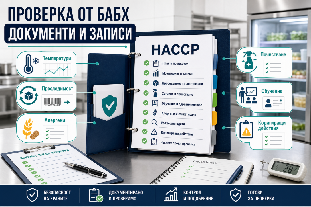 Инфографика за проверка от БАБХ с HACCP папка, документи, температури, проследимост, алергени, почистване, обучение и коригиращи действия.